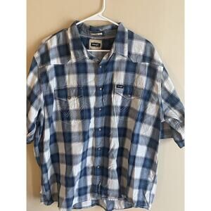 Wrangler Shirt Men's 2XL Blue Plaid Flannel Pearl Snap Button Up Short Sleeve